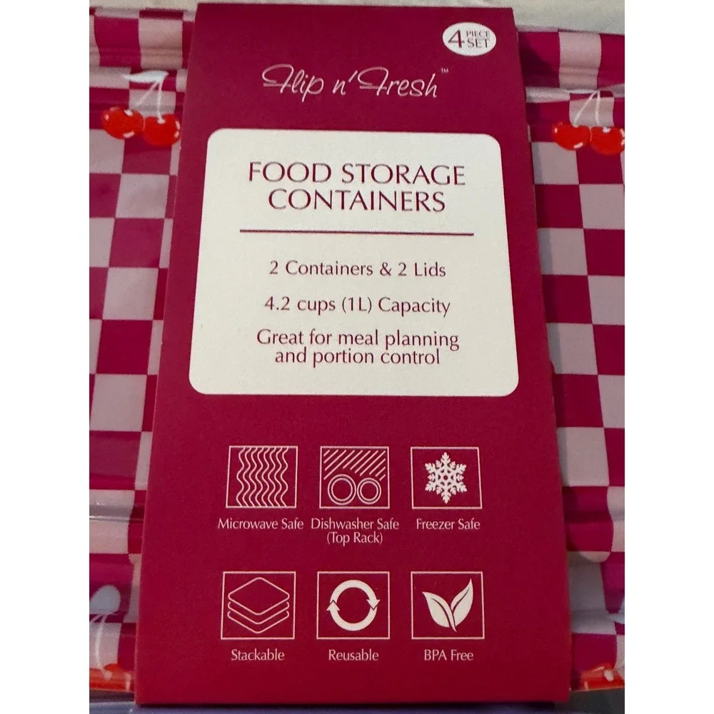 Flip n Fresh Gossi Cherry Checkered Food Storage Containers 4pc Set Pink Blue